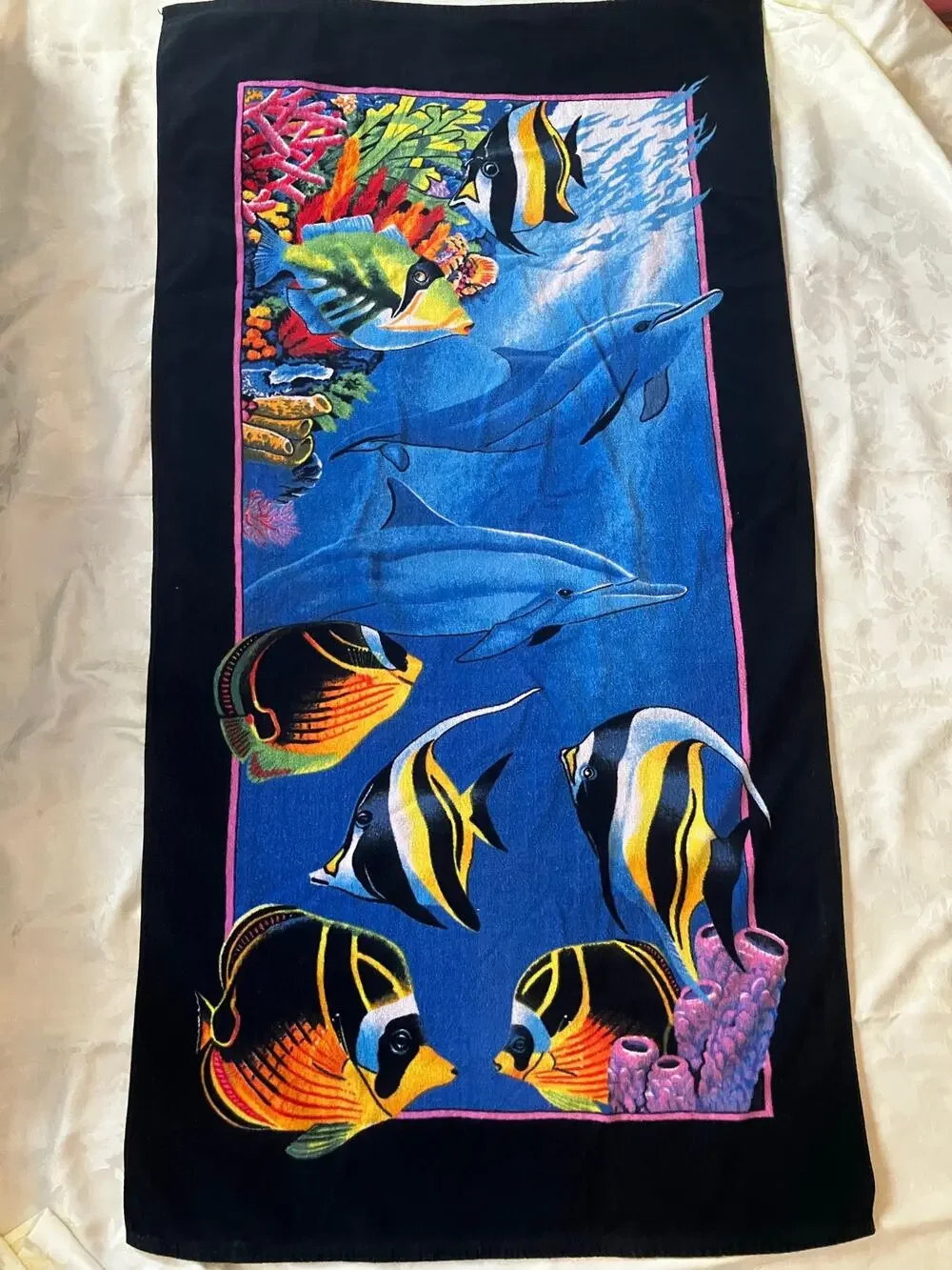 Vintage Dolphin Tropical Fish Beach Towel Linens N Things 100% Cotton 60x31